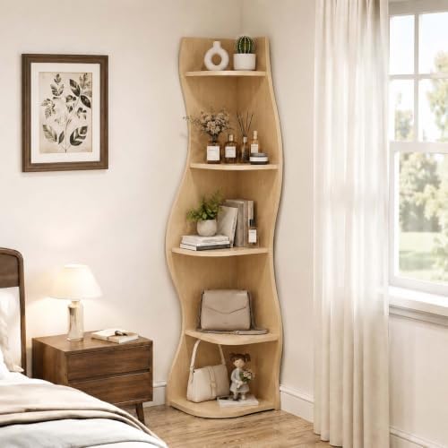 5-Tier Wavy Corner Shelf with Curvy Shape for Small Spacem, Natural Wood