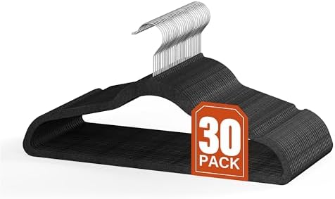 YSSOA 30 Pack Velvet Hangers, Space Saving Non-Slip Flocked Felt Hangers with Shoulder Notches, for Coats, Pants and Dress Clothes, Black