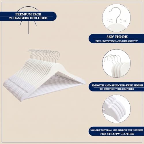 Wooden Hangers, 20 Pack, Non-Slip Velvet for Pants, Coats (White)