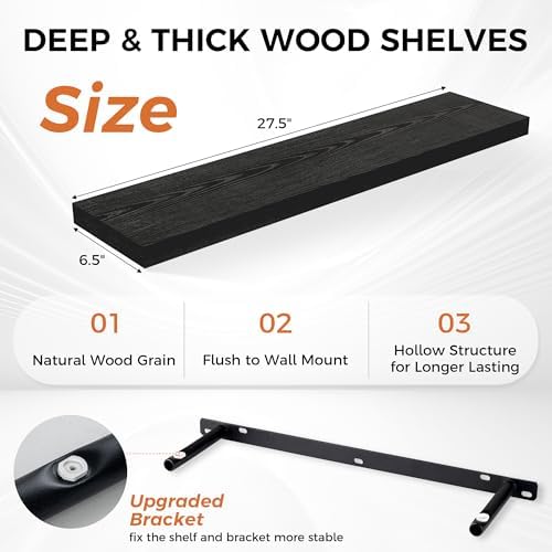 Fun Memories 27.5 Inch Deep Floating Shelves, Set of 2 Heavy Duty Wall Mounted Shelves with Invisible Brackets, Large Ru