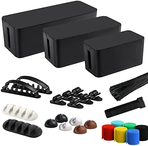 Cable Management Box, 3 Pack Cord Organizer Boxes with 33 PCS Cable Management Set to Cover Hide Power Strip, Surge Prot