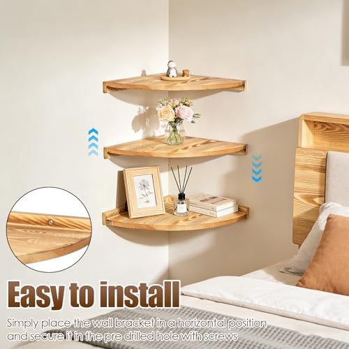 Corner Shelf Wall Mount, Set of 3 Floating Corner Shelf with Cord Hole 3 Tier Wood Wall Display Rack Storage for Bathroo
