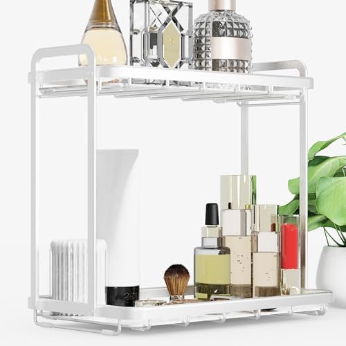Counter Organizer for Bathroom, Kitchen or Coffee Bar, Metal Shelf with Faux Marble, Vanity Countertop Makeup Storage, D
