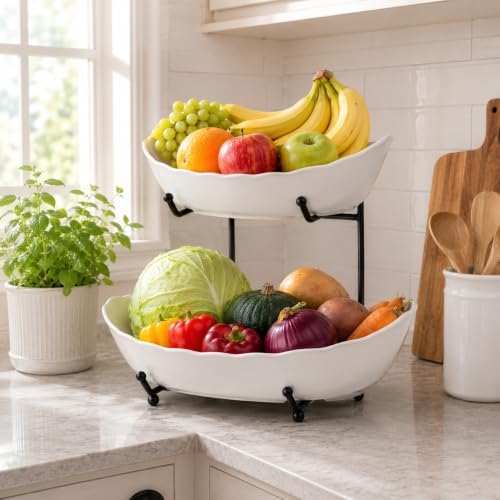 HBlife 2 Tier Large Fruit Bowl, Ceramic Fruit Basket for Kitchen Counter