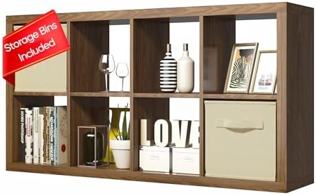 furtble Bookshelf with Storage Bins, 8-Cube Storage Organizer, Modern Wood Open Bookcase, Multifunctional Display Shelf 