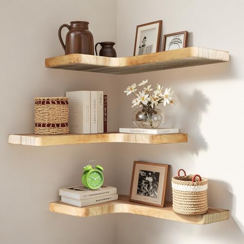 Floating Corner Shelves Set of 3, Solid Wood Picture Wall Shelf, Floating Shelves for Storage for Bedroom Kitchen Bathro