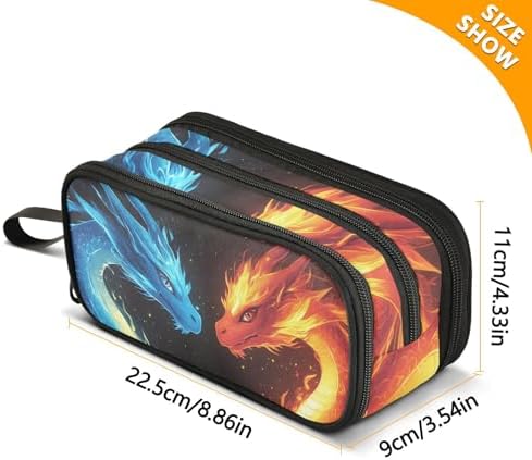 Dragons Red Blue Fire Eyes Pencil Case Box Boys Girls Large Pencil Pouch with Zipper Compartments Big Capacity Stationery Pen Bag Organizer for Kids Teens Adults School