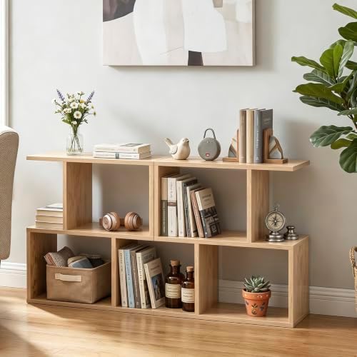 Tangkula 2 Tier Geometric Bookshelf, Freestanding Wooden Display Shelf, Home Office Room Divider S Shaped Open Bookcase,