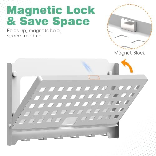 Router Shelf with Hooks & Magnetic Catch - Wall Mount Folding Shelf
