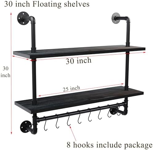 ROGMARS Industrial Pipe Shelving Pine Wood Black Floating Shelves for Wall
