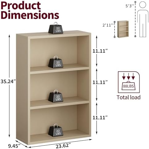 ALISENED 3-Tier Bookshelf, 23.6 × 9.4 × 35.2in, Small Bookshelf