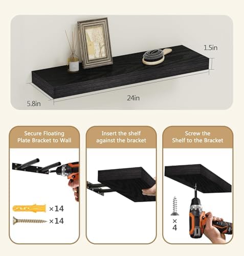 Vervida® Black Floating Wall Shelves 24in Set of 6 Holds 37 Lbs Hidden