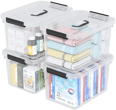 20 Quarts Stackable Plastic Storage Latches Box with Lid, Clear Latching Storage Bin with Handle, 4 Packs
