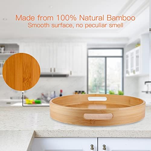 Lazy Susan Organizer 14 inch, Bamboo Lazy Susan for Table, Kitchen Turntable Organizer with Double Handles, Round Wood R