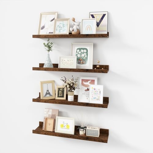 Acovy 24 inch Picture Ledge Shelf, Wood Floating Shelves Set of 4, Brown
