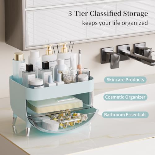 Jywantful Vanity Makeup Organizer, Mint Blue Skincare Storage with 2 Drawer