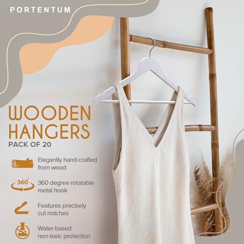 PORTENTUM Wooden Hangers, Pack of 20, White. 360º Swivel Hook, For All Types of Clothes, Trouser Hangers, Non-Slip Hange