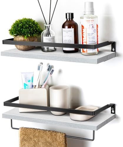 Floating Shelves for Wall, Bathroom Shelves with Towel Bar, Wall Mounted Storage Shelves for Kitchen, Bathroom, Set of 2