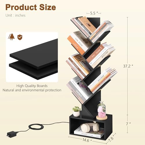 Hoctieon 6 Tier Tree Bookshelf, Tall Bookcase with Drawer, Freestanding Book Shelf with LED Lights, Display Floor Standi