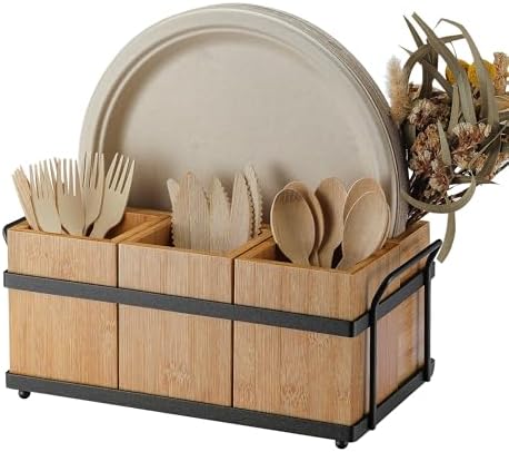 PTSTING Silverware Caddy Wood Utensil Holder Paper Plate Dispenser Silverware Utensil Caddy Cutlery Flatware Organizer B
