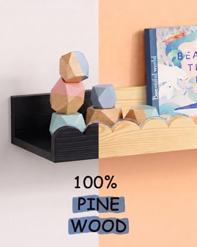 Black Nursery Floating Shelves for Wall, Scalloped Book Shelf for Kids Room