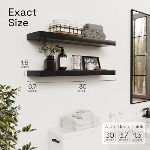 Solid Wood Floating Shelves for Wall 30 Inches Long, Black Wooden Shelf