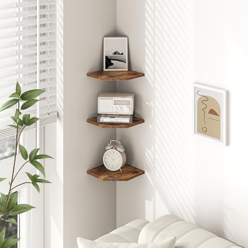 Fun Memories Corner Shelf Wall Mount, Floating Corner Shelves, Set of 3 Corner Wall Shelf Organizer, Rustic Wood Wall St