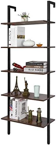 ZenStyle 5-Shelf Wood Ladder Bookcase, Industrial Wall Mount Ladder Bookshelf with Black Metal Frame, Vintage Brown/Blac