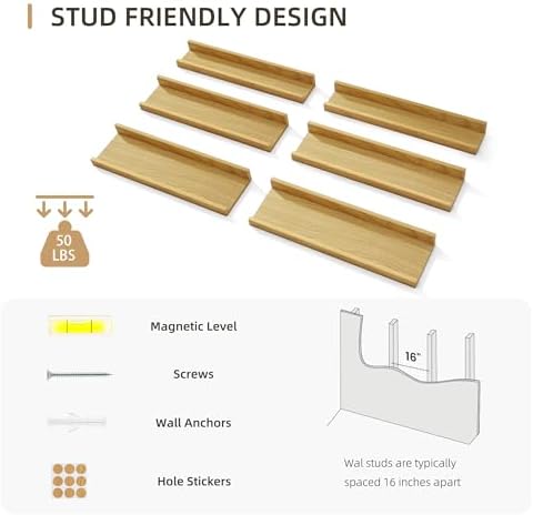 Acovy Floating Shelves Set of 6, 24 Inch Wall Mounted Picture Ledge Shelf with Lip, Oak Display Shelves for Living Room, Bedroom, Nursery, Bathroom & Kitchen