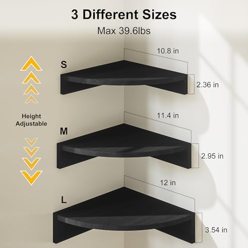 Alsonerbay Wood Corner Floating Shelves with Graduated Size 3-Pack, Black
