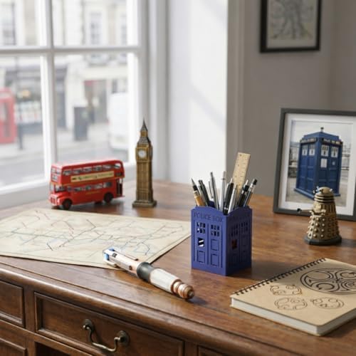 Mango Steam Metal Pen Holder, Makeup Brush Cup Organizer for Office, Bathroom, Vanity (Blue, Police Box)