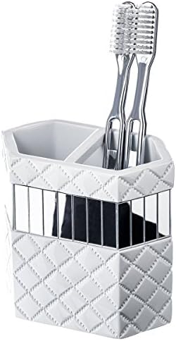 Creative Scents Quilted Mirror White Toothbrush Holder – Bathroom Toothbrush Organizer - Decorative Toothbrush and Tooth