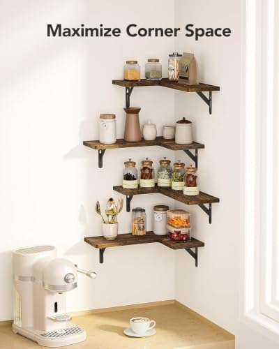Amada Corner Floating Shelves, Paulownia Wood, Set of 4, Brown