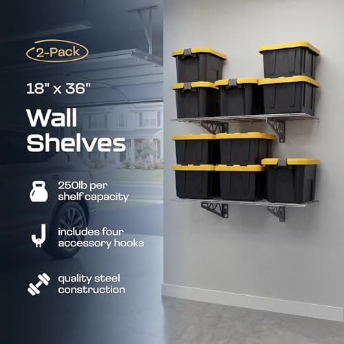 MonsterRax 18x36 White Garage Wall Shelf 2-Pack, 500lb, Hammertone