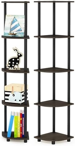 Furinno TURN-N-TUBE Corner Shelf Set of 2, 5-Tier Corner Bookshelf, Open Storage Shelves, for Organization and Storage, 