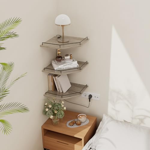 JJL Corner Shelf Wall Mounted, 12 Inches 3-Tier Floating Corner Shelf, Hexagon Rustic Wood Decor with Fence, Gray Wood G