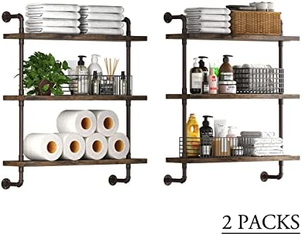 Industrial Pipe Shelf Wall Mounted, Rustic Wood Floating Shelves, 3 Tier Wall Display Bookshelf, Storage Rack Sundries H