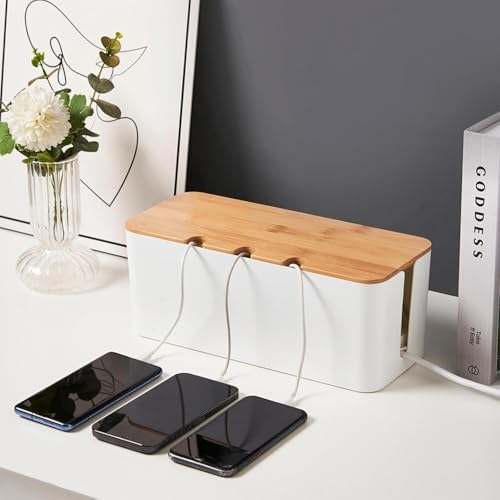 Cable Management Box with Bamboo Lid, Cord Organizer Box to Hide Wires & Power Strips, Extension Cord Power Stripe Surge