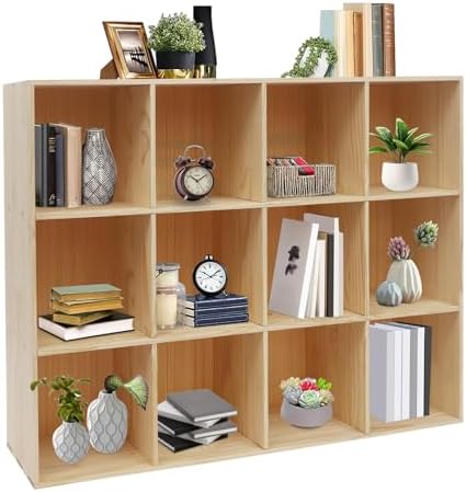 12-Cube Solid Wood Bookshelf, 3-Tier Storage Organizer Semi-Open Floor Display Shelf Closet Cabinet for Home Office Libr