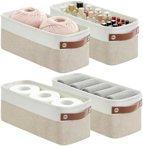 Bagnizer Small Fabric Storage Baskets, 15x6x5 inch Narrow Storage Bins 4-Pack Long Storage Basket for Organizing with Ha