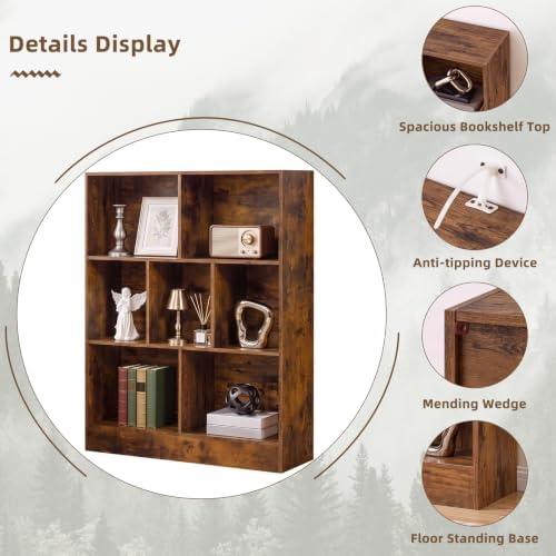 YAHARBO 3 Tier 7 Cube Mini Thin Bookshelf, Short Shallow Bookcase, Brown