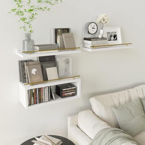 WOPITUES Floating Shelves for Wall with Cube Shelf, Wall Shelves with Metal Rail for Decor, Bathroom Organizers and Stor