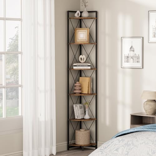 6 Tier Corner Shelf Stand, 78" H Tall Corner Bookshelf, Rustic Brown