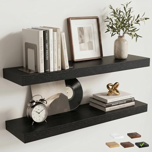 24 Inch Floating Shelves for Wall, 6.5"D Wood Storage Shelves, Black Finish