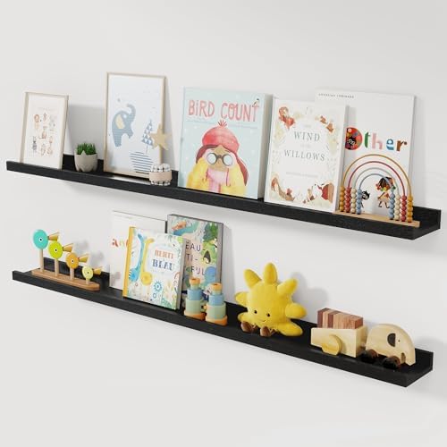 Acovy Solid Ash Wood Floating Shelves, 48 Inch, Black, Set of 2