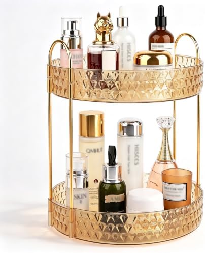 Large Capacity Rotating Makeup Organizer Perfume Stand Holder, 2 Tier Gold