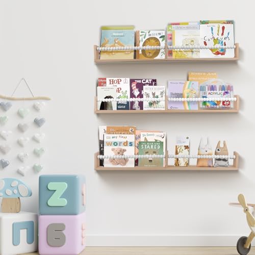 birola Nursery Bookshelf,Set of 3 White Wood Floating Bookshelf for Kids,Nursery Shelves for Wall,Bathroom Decor, Kitchen Spice Rack (White 3)