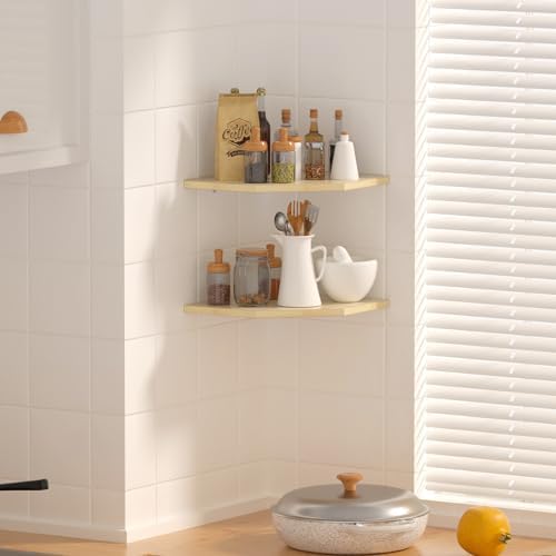 JJL Corner Shelves, 12 Inch Corner Shelf Wall Mounted with Wire Hole, 2 Tier 13.3 Inch Deep Wooden Corner Hanging Shelvi