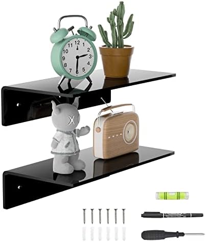 Sezanrpt 12 Inches Acrylic Wall Shelves 2 Pack, Floating Shelf for Wall Mounting, Acrylic Display Ledges for Funko Pop Figures, Home Décor, Living Room, Gaming Room, Plants(12 inch, Black)