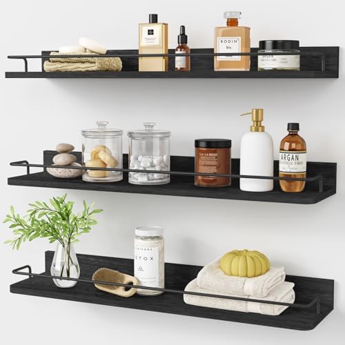 Forbena 24 Inch Wall Shelves for Bedroom 3-Pack, Black Floating Shelves with Rail, Vintage Large Floating Book Shelves f